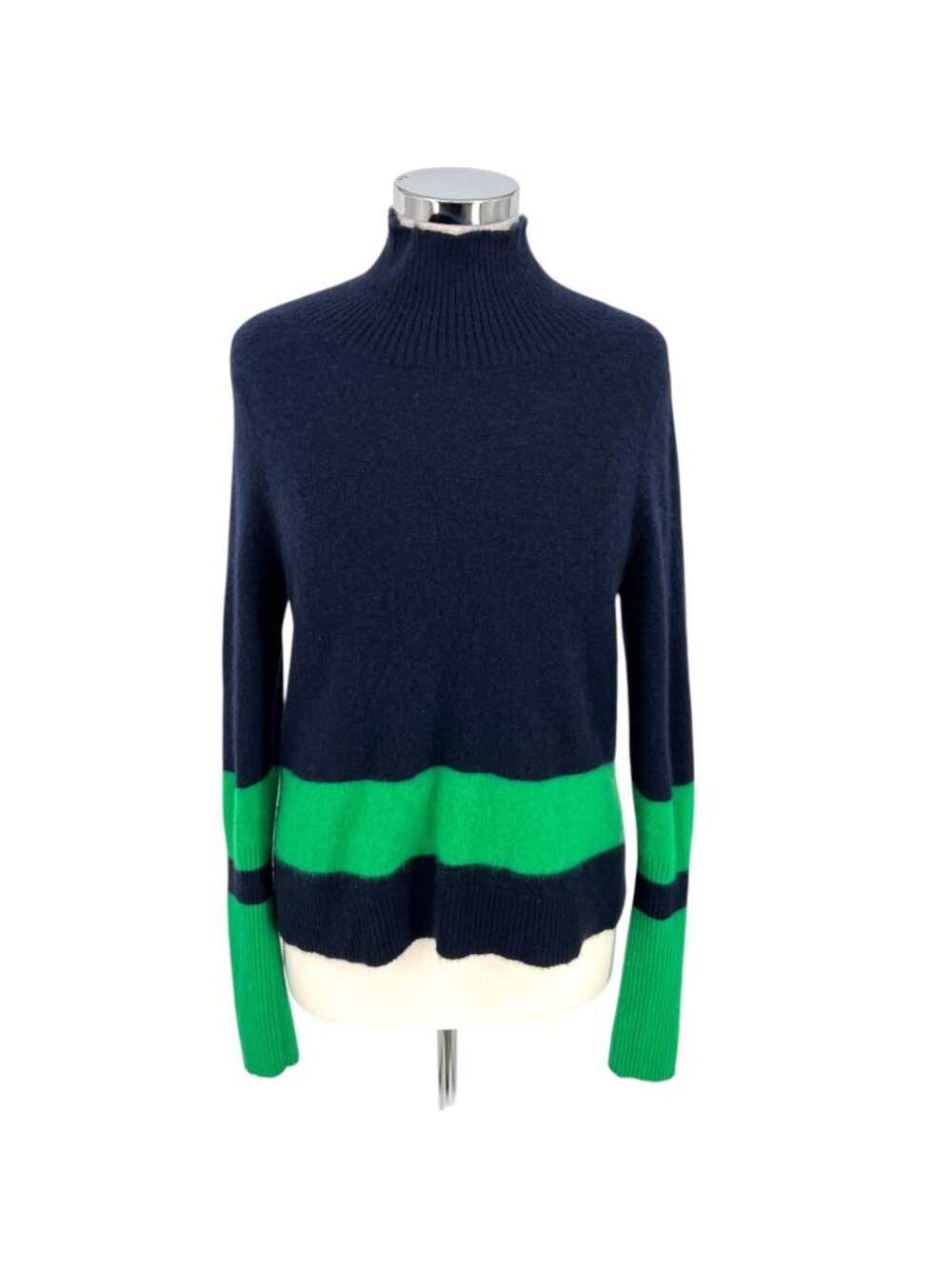 Filoro Cashmere Striped Colorblock Mock Neck Sweater Navy Blue Green Size Large